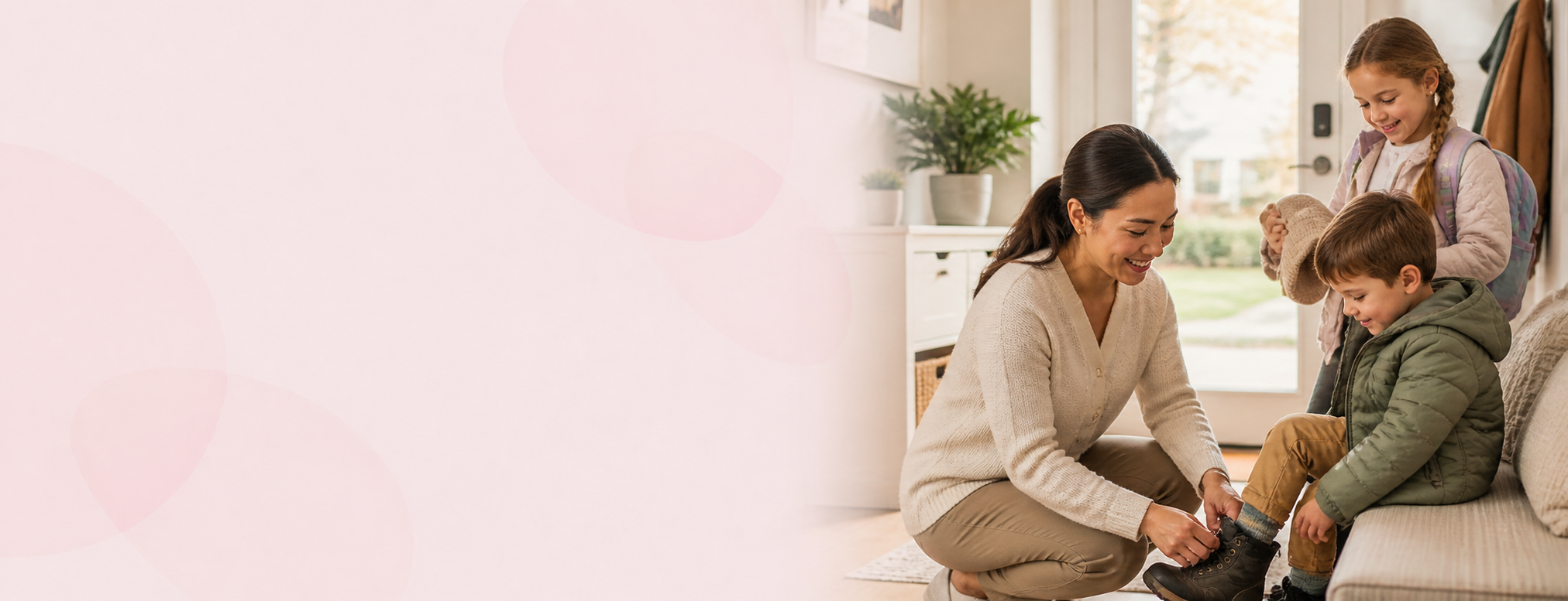 A family caregiver helps a child get ready in a bright home