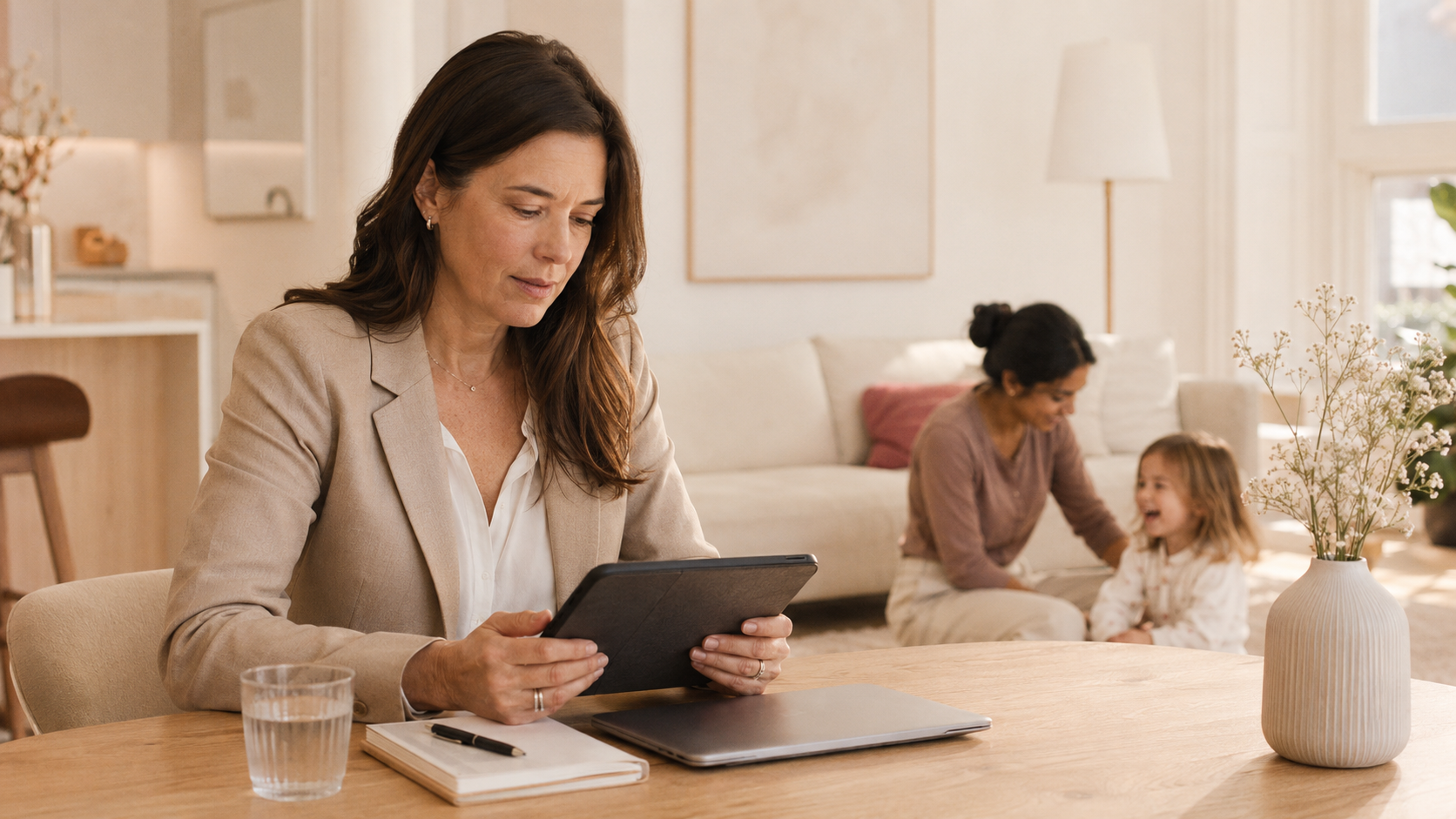 Lawyer reviewing a file while the nanny cares for the children