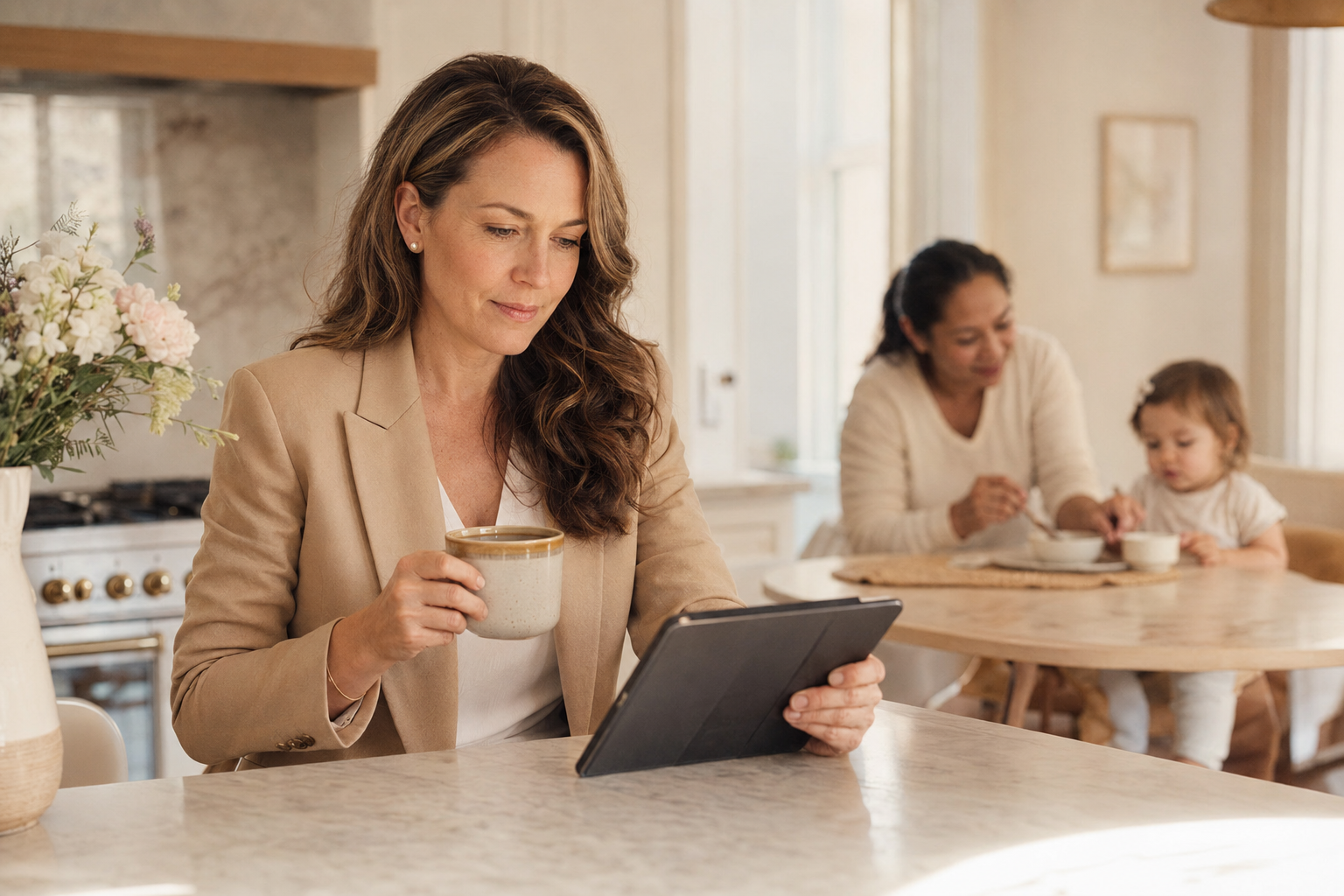 Clinic owner checking a tablet at home while the nanny cares for the child