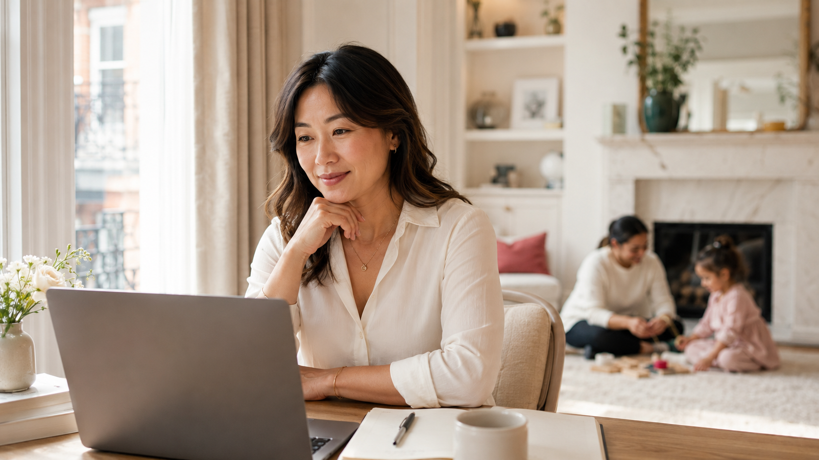 Entrepreneur parent on a video call while the nanny cares for the children