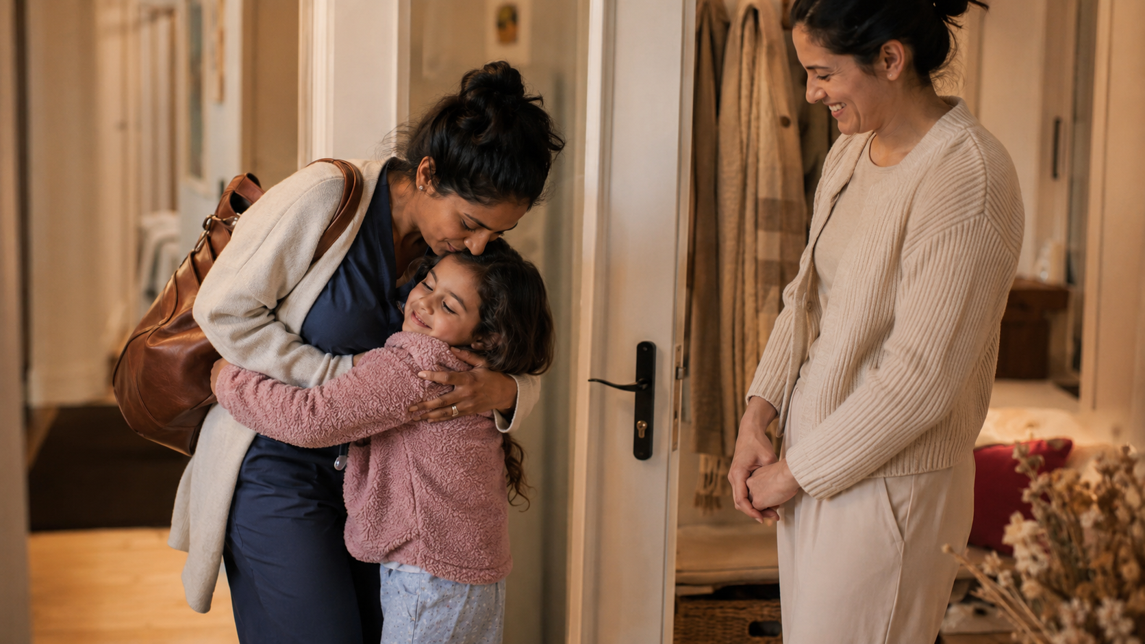 Healthcare professional in scrubs at home with her children and their nanny
