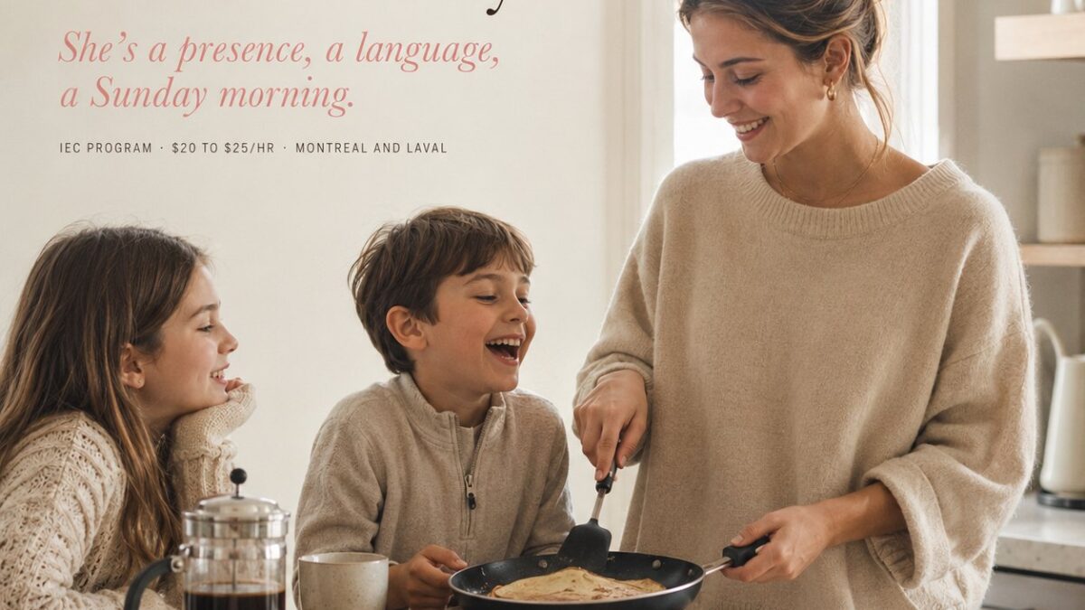 European au pair making breakfast with children in Montreal
