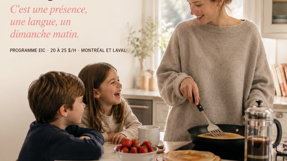 Au pair européenne préparant le déjeuner avec des enfants à Montréal