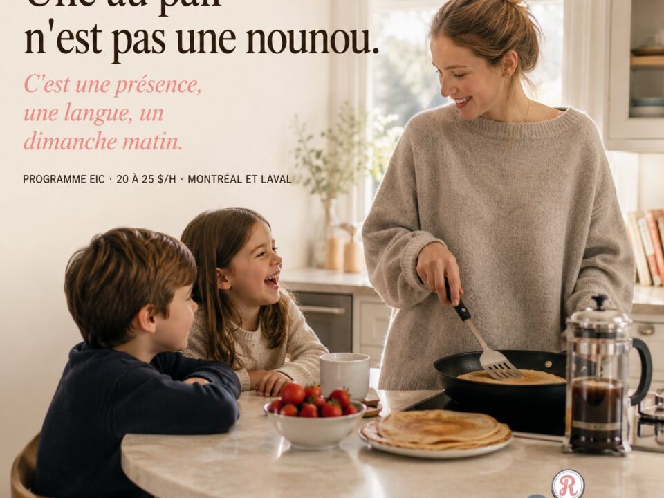 Au pair européenne préparant le déjeuner avec des enfants à Montréal