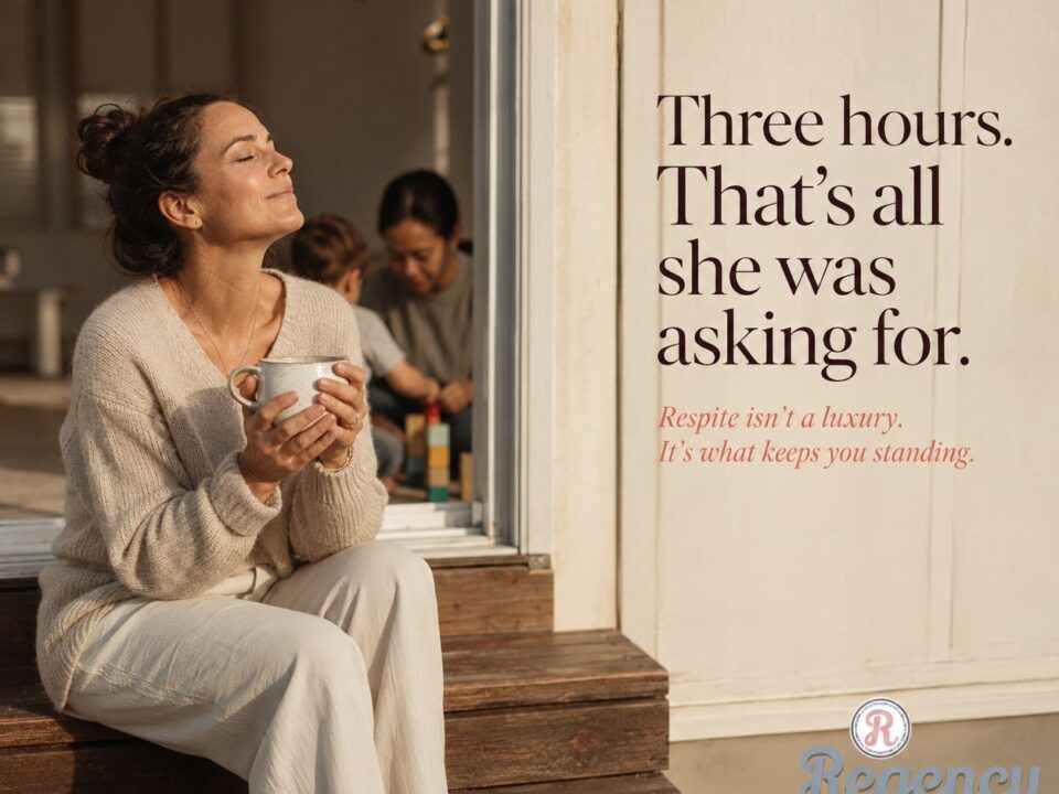 Mother taking a moment of respite while a caregiver looks after her child