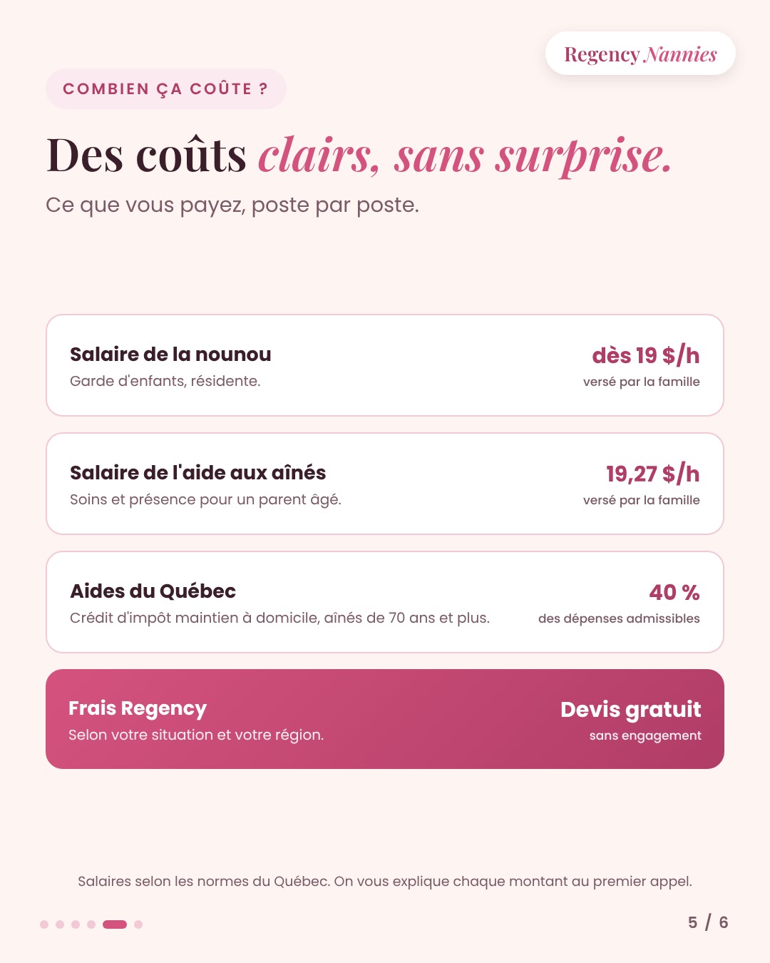 Coûts d'une nounou résidente : dès 19 $/h, aide aux aînés 19,27 $/h, crédit d'impôt maintien à domicile de 40 %